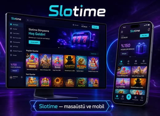 Slotime platformu masaüstü ve mobil oyun arayüzü tanıtım görseli